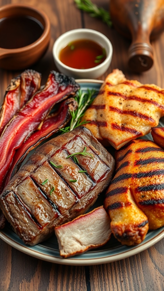 A colorful assortment of meats including steak, bacon, and chicken on a rustic table with bone broth.